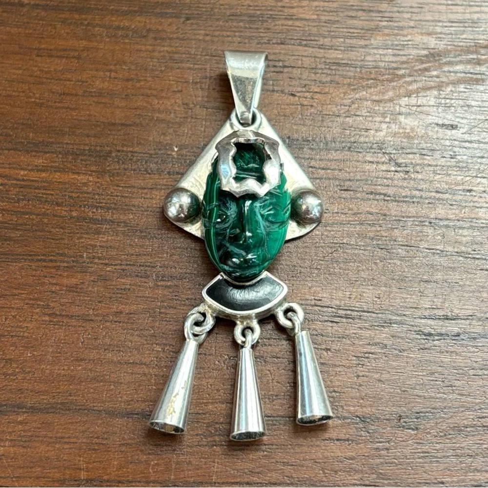 VTG Sterling Malachite Onyx Carved Mayan Aztec Tribal Face Mask Pendant MX TV12D